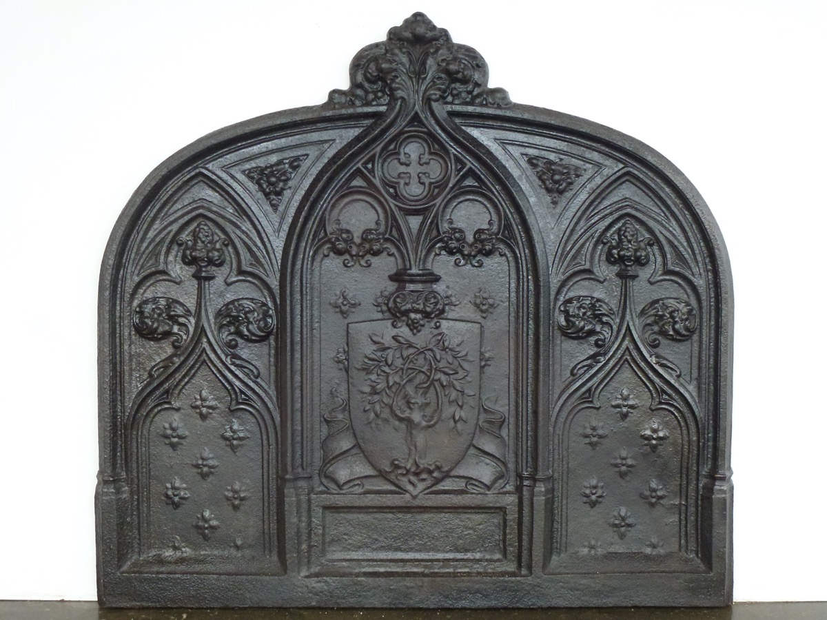 Plaque cheminée ancienne, Contrecoeur ancien  - Fonte - Néo-gothique - XIXeS.