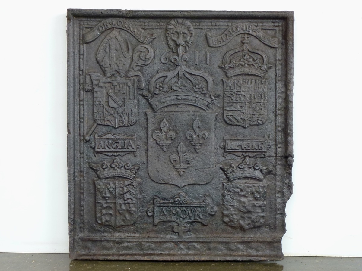 Plaque cheminée ancienne, Contrecoeur ancien  - Fonte - Louis XIII - XVIIeS.